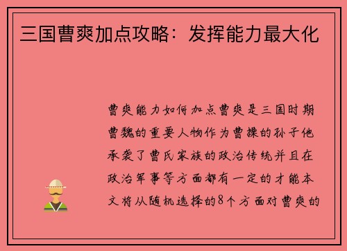 三国曹爽加点攻略:发挥能力最大化