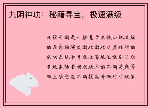 九阴神功:秘籍寻宝,极速满级